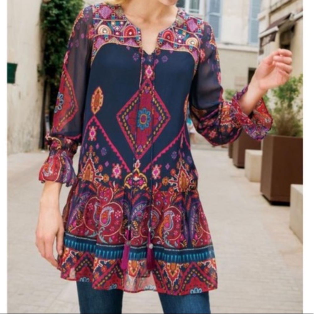 Soft Surroundings Iskra Paisley Floral Embroidered Bohemian Tunic: Navy Blue - Picture 4 of 14